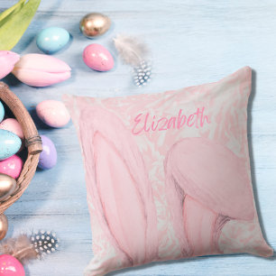 Pink Easter Bunny Ears with Vintage Floral Rose Throw Pillow