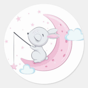 Pink Easter Bunny Over the Moon Classic Round Sticker