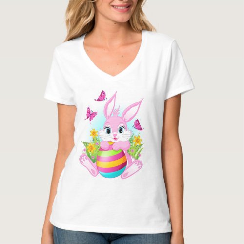 Pink Easter Bunny V_Neck T_Shirt