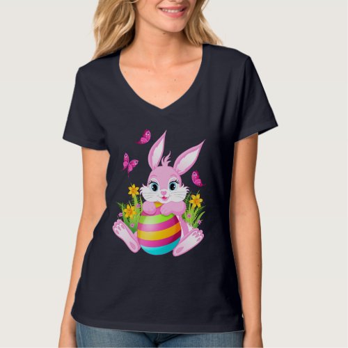 Pink Easter Bunny V_Neck T_Shirt