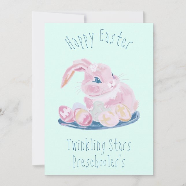 Pink Easter Bunny With Eggs Preschool Teacher Mint Holiday Card (Front)
