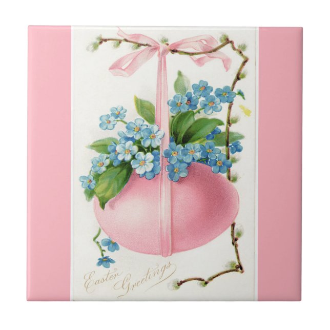 Pink Easter Egg and Flowers Ceramic Tile (Front)