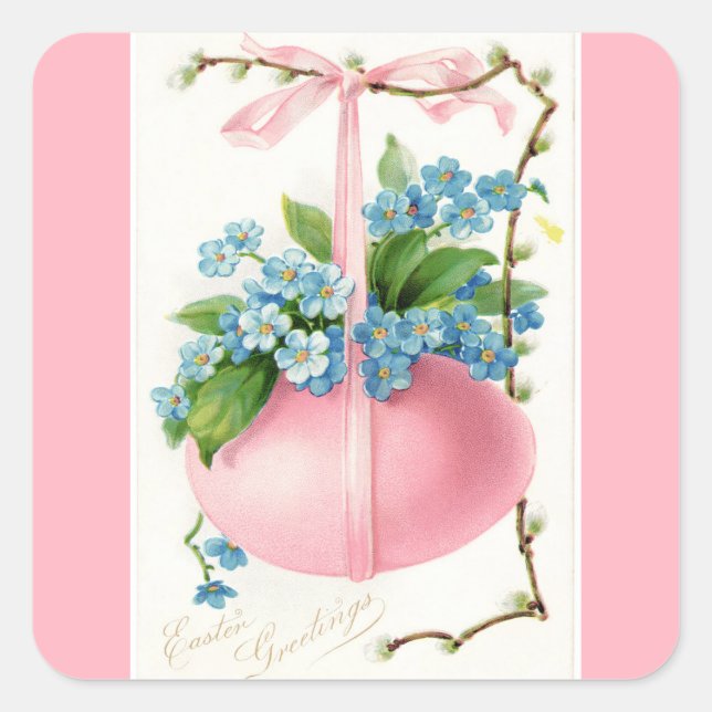 Pink Easter Egg and Flowers Square Sticker (Front)