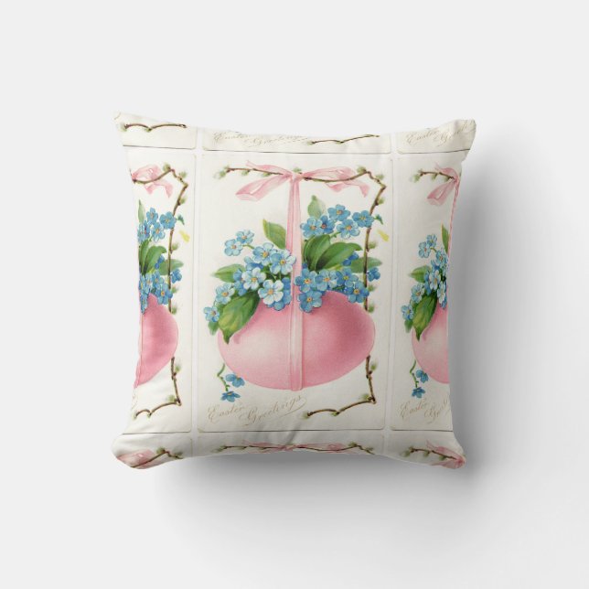 Pink Easter Egg and Flowers White Throw Pillow (Front)