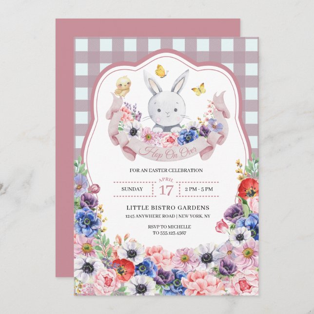 Pink Easter Egg Hunt Bunny Spring Flowers Invitation (Front/Back)