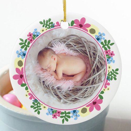 Pink Easter Flower Ring Baby Photo Name Egg Chick  Ceramic Ornament