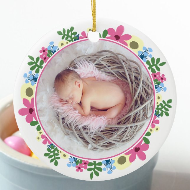 Pink Easter Flower Ring Baby Photo Name Egg Chick  Ceramic Ornament (Creator Uploaded)