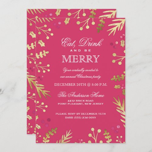 Pink Eat Drink and Be Merry Christmas Party Invitation