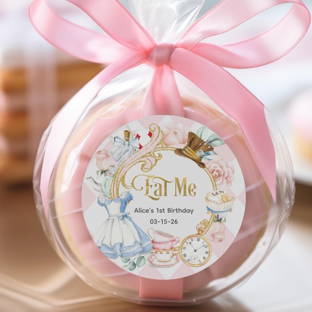 Pink, Eat me, Onederland 1st birthday Classic Round Sticker (Pink, Girl 1st birthday, Alice Onederland themed favor stickers.)
