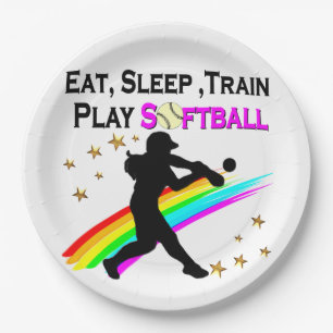 PINK EAT, SLEEP, TRAIN, PLAY SOFTBALL DESIGN PAPER PLATES