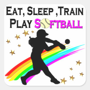 PINK EAT, SLEEP, TRAIN, PLAY SOFTBALL DESIGN SQUARE STICKER