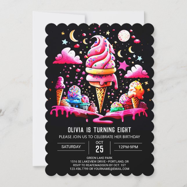  Pink Editable Elegant Ice Cream Girl Birthday Invitation (Front)