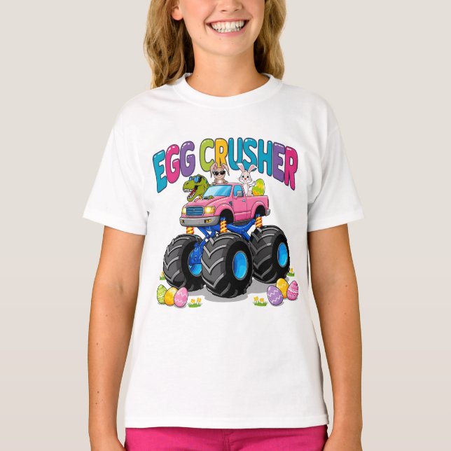 Pink Egg Crusher Monster Truck Easter T-Shirt (Front)