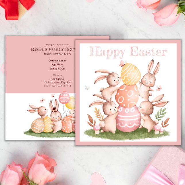 Pink Eggs & Cute Bunnies Easter Family Dinner Invitation (Creator Uploaded)