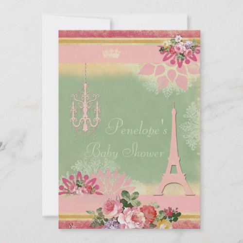 Pink Eiffel Tower and Chandelier Girl Baby Shower Personalized Invite