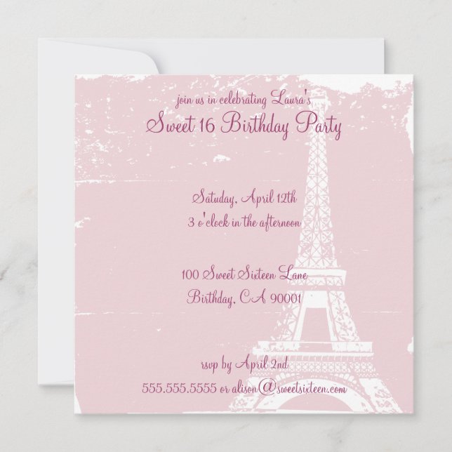 Pink Eiffel Tower Birthday Party Invitations (Front)