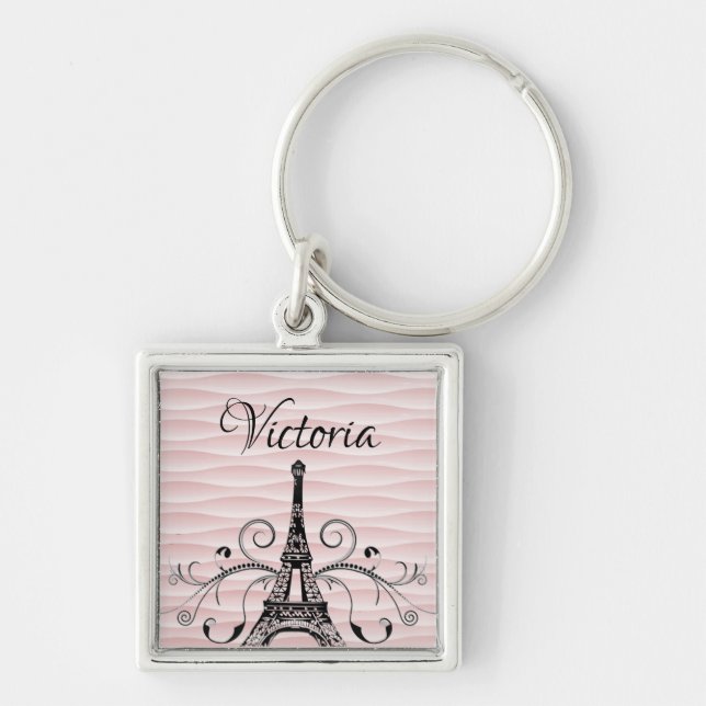 Pink Eiffel Tower Flourish Square Keychain (Front)