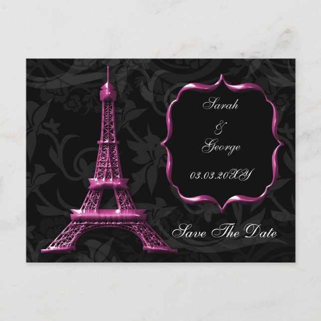pink Eiffel Tower French wedding Save the Date Announcement Postcard (Front)