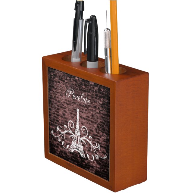 Pink Eiffel Tower Grunge Desk Organizer (In Situ)