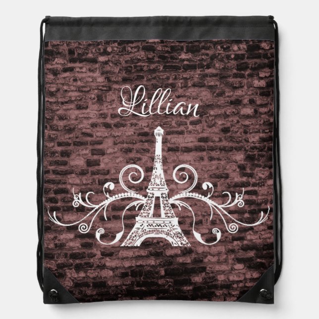 Pink Eiffel Tower Grunge Drawstring Backpack (Front)