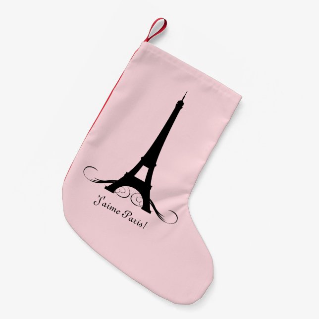 Pink Eiffel Tower J'aime Paris! Small Christmas Stocking (Front (Hanging))
