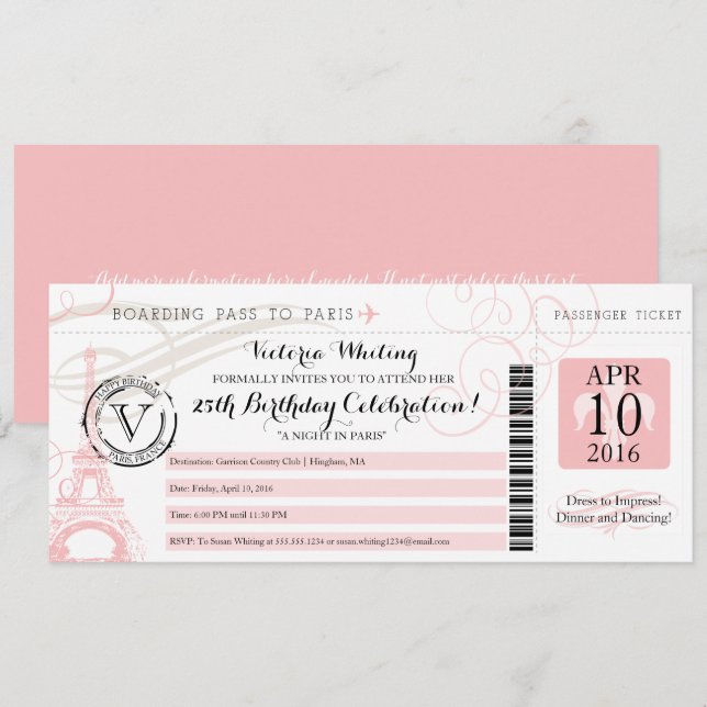 Pink Eiffel Tower Night in Paris Birthday Party Invitation (Front/Back)