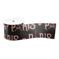 Eiffel Tower in black alternating with black and pink hearts printed on  5/8 light pink single face satin ribbon, 10 yards