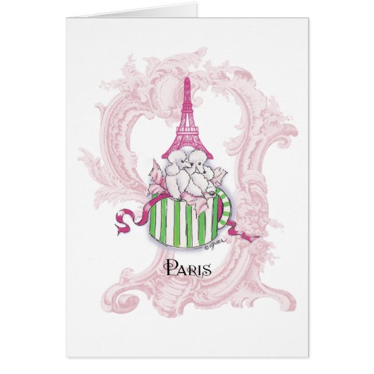 Pink Eiffel Tower Poodles in Hatbox Cards (Front)