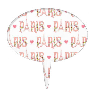 Pink Eiffel Tower Silhouette Paris Flowers French Cake Topper