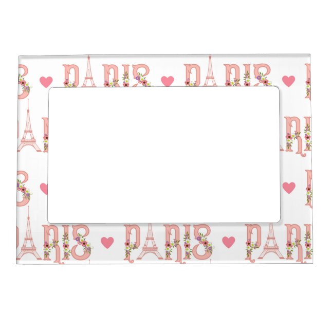 Pink Eiffel Tower Silhouette Paris Flowers French Magnetic Frame (Front)