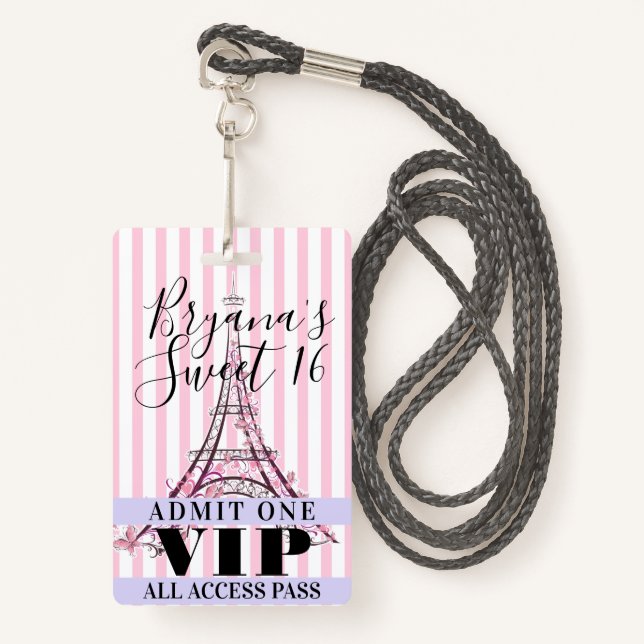 Pink Eiffel Tower Sweet 16 Party VIP Pass Badge (Front with Lanyard)