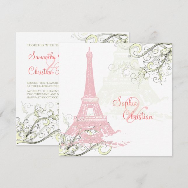 PINK EIFFEL TOWER+SWIRLS / LUXE SHIMMER PAPER INVITATION (Front/Back)