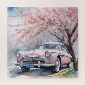 Pink Elegance: Old Car in Watercolor Jigsaw Puzzle