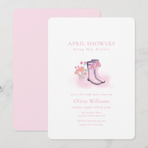 Pink Elegant April Bow Rain Boots Baby Shower Invitation
