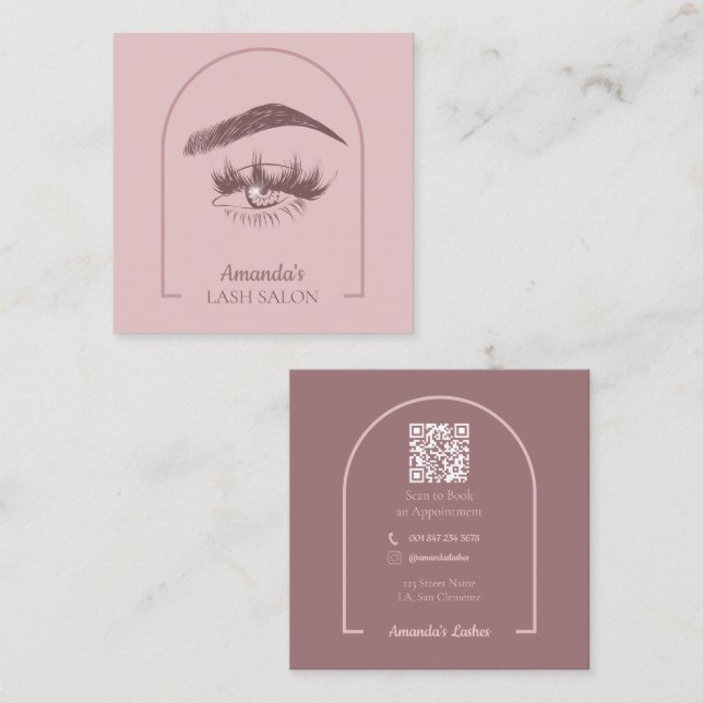 Pink Elegant Arc Beauty Salon QR Code Square Business Card (Front/Back)