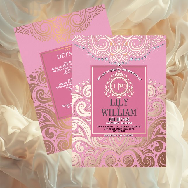 Pink Elegant Artdeco Diamond Monogram Wedding Foil Invitation (Luxurious Elegant Classic Boho Wedding Invitation - Real Foil and Monogram)