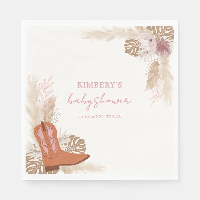 Pink Elegant Boho Cowgirl Boots Pampas Baby Shower Napkins (Front)