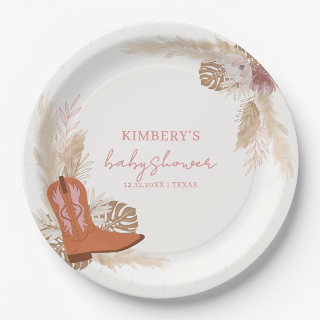 Pink Elegant Boho Cowgirl Boots Pampas Baby Shower Paper Plates (Front)