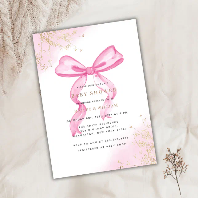 Pink Elegant Bow Baby Shower Invitation | Zazzle