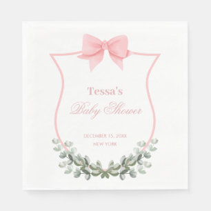 Pink Elegant Bow Eucalyptus Crest Baby Shower Napkins