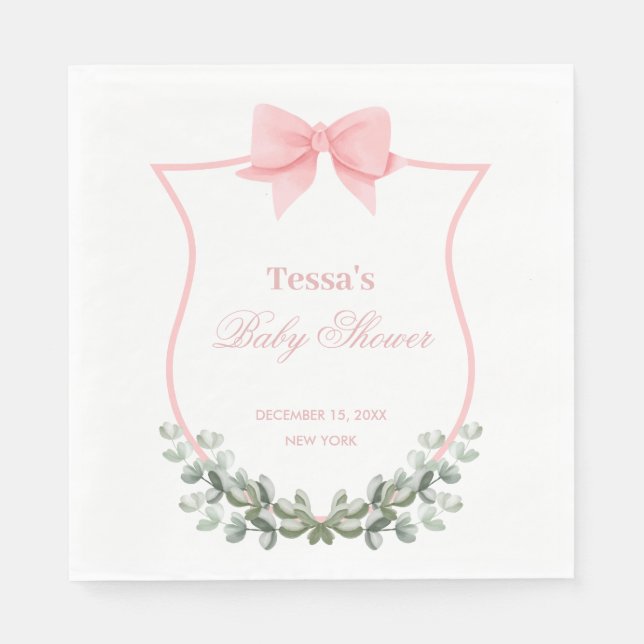 Pink Elegant Bow Eucalyptus Crest Baby Shower Napkins (Front)