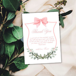 Pink Elegant Bow Eucalyptus Crest Baby Shower Thank You Card