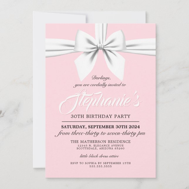 Pink Elegant Bow White Tiffany Birthday Invitation (Front)