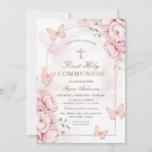 Pink Elegant Butterfly Holy Communion Invitation