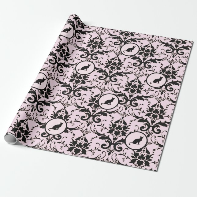 Pink Elegant Cat Damask Pattern Wrapping Paper (Unrolled)
