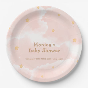 Pink Elegant Cloud Nine Stars Girl Baby Shower Paper Plates