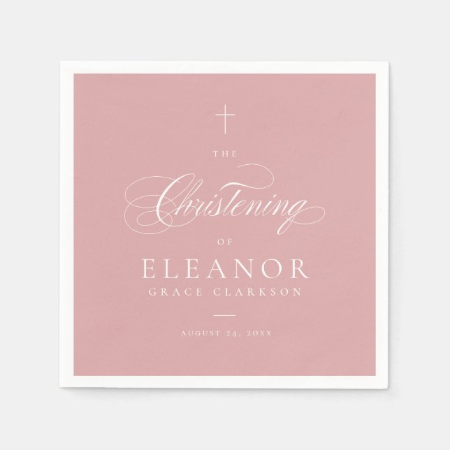 Pink Elegant Cross Script Calligraphy Christening Napkins (Front)
