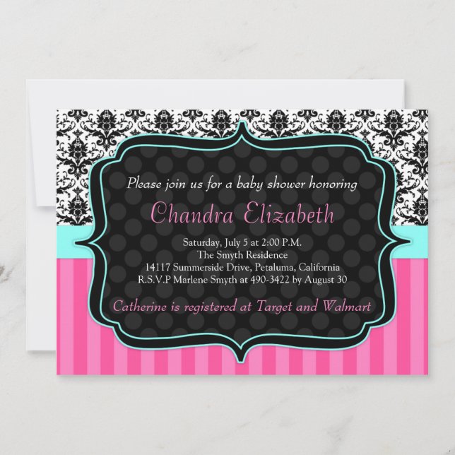 Pink, Elegant, Damask Baby Shower Invitation (Front)