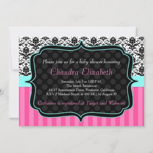 Pink, Elegant, Damask Baby Shower Invitation 5" X 7" Invitation Card