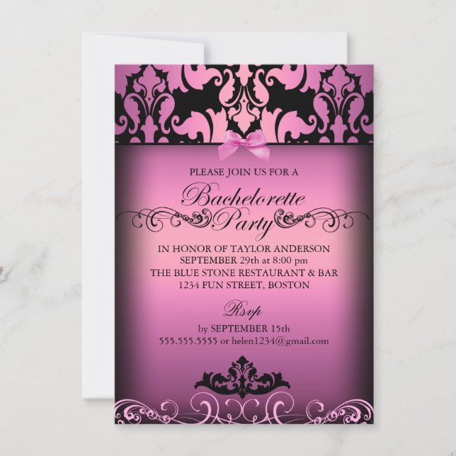 Pink Elegant Damask Bachelorette Party Invitation (Front)
